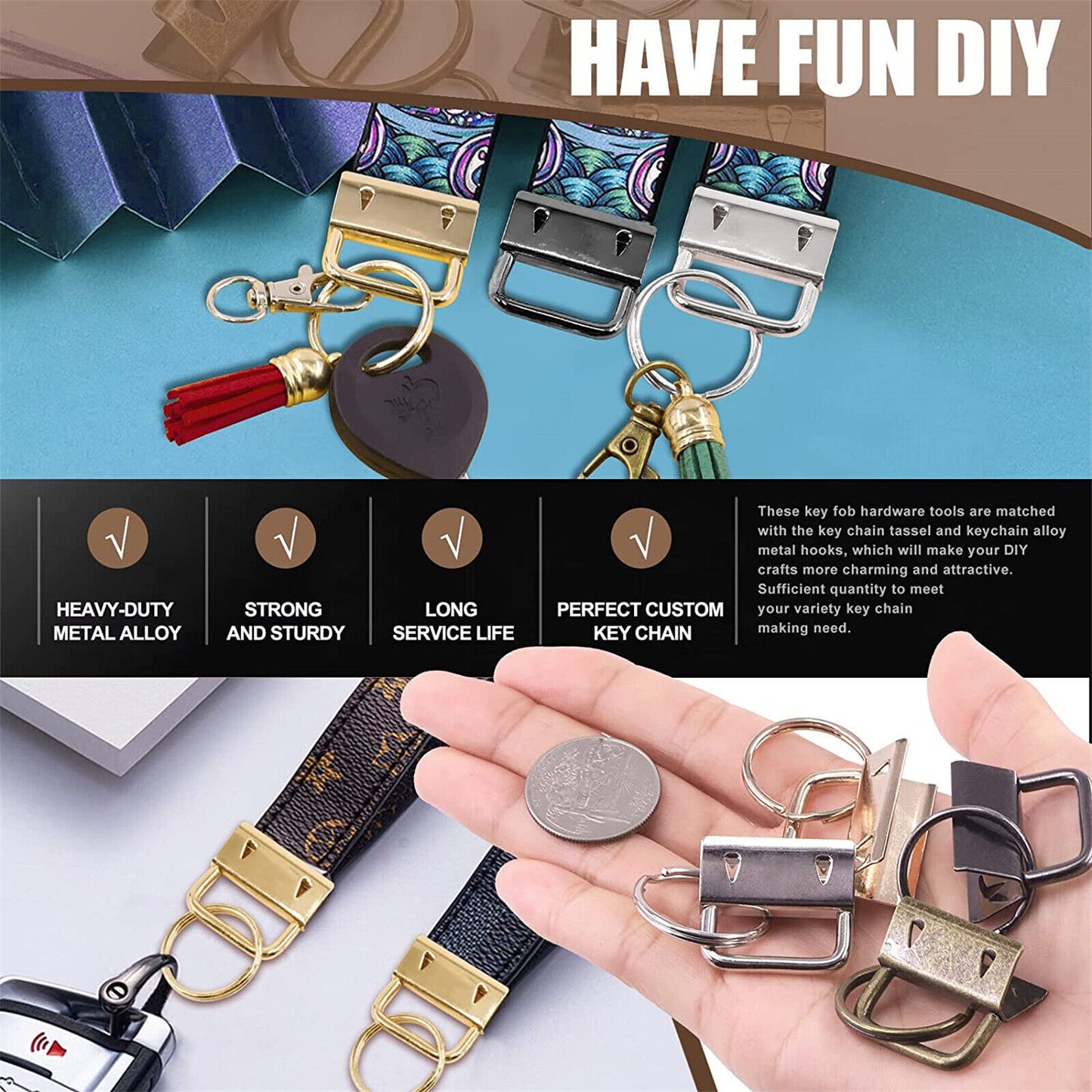 60Pcs DIY Craft Key Fob Keychain Hardware With Pliers Wristlets Tail Clip Gifts