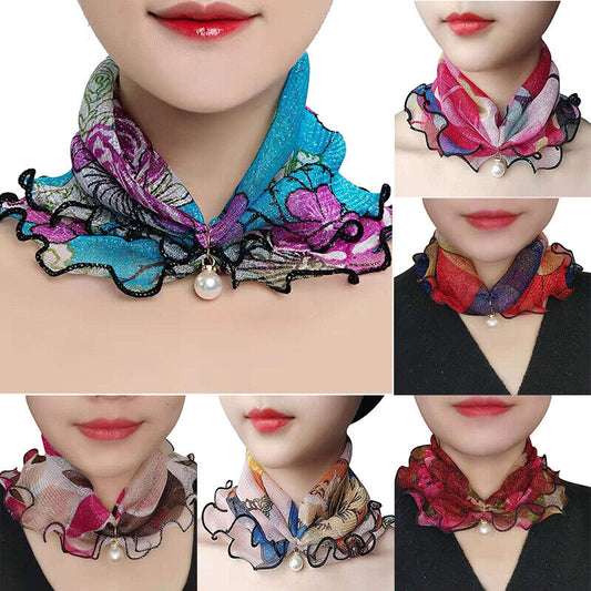 Women Lady Scarf Sun Protection Neck Bandana Fashion Pearl Chiffon Lace Headband