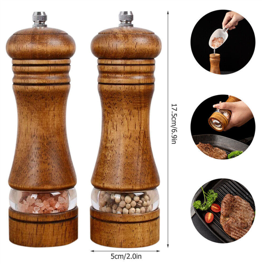 2x Adjustable Manual Pepper Grinder Wooden Salt Pepper Mill With Ceramic Grinder