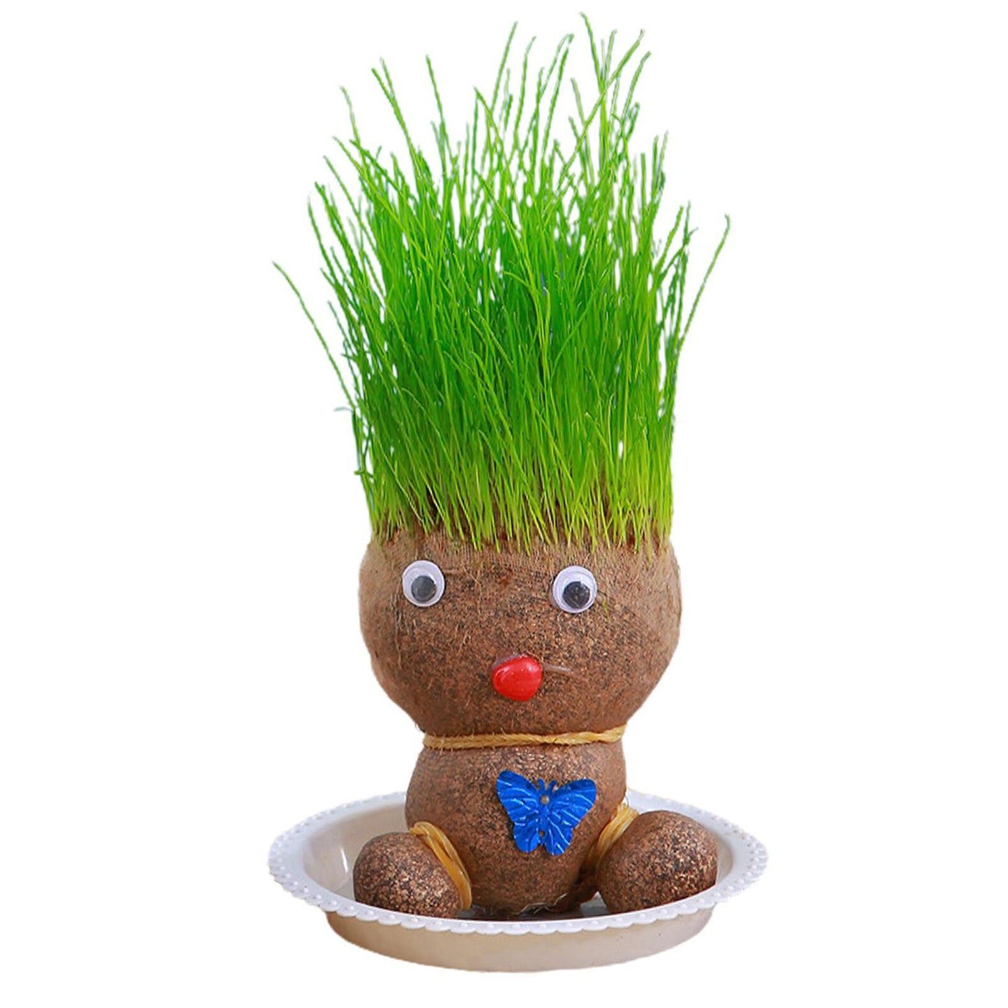 Grass Head Doll Plant Desktop Green Plants Mini Bonsai Pots With Tray Decoration