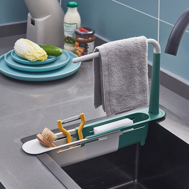 Telescopic Sink Rack Storage Holder Kitchen Expandable Drain Basket Organizer