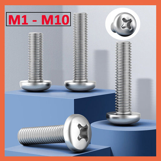 10pcs M1 M1.2 M1.4 M1.6 M2 M2.5 M3 M4 M5 M10 Phillips Round Pan Head Screw Bolt A2 SS