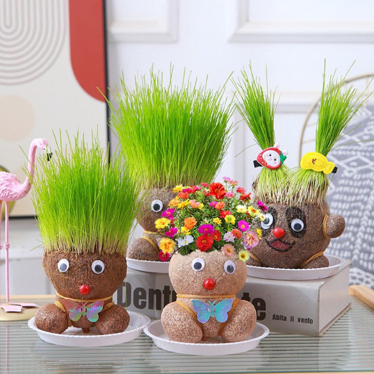 Grass Head Doll Plant Desktop Green Plants Mini Bonsai Pots With Tray Decoration