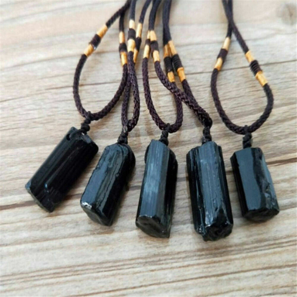 Women Men Black Natural Tourmaline Stone Pendant Crystal Gem Specimen Necklace