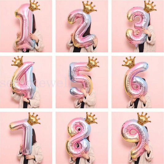 32" Rainbow Number Foil Balloon with Gold Crown Birthday Party Wedding New Year