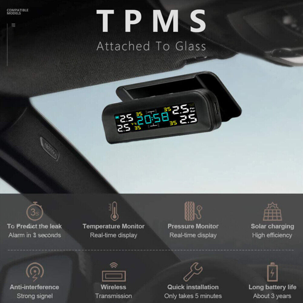 Solar Wireless Car TPMS Tyre Pressure Monitoring System + 4 External Sensors