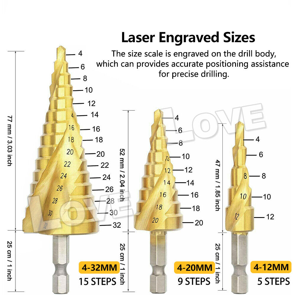 3PCS HSS Steel Step Cone Drill Titanium Metal Hole Cutter Bit Set 4-12/20/32mm3 件套高速钢阶梯锥钻钛金属孔刀钻头套装 4-12/20/32 毫米