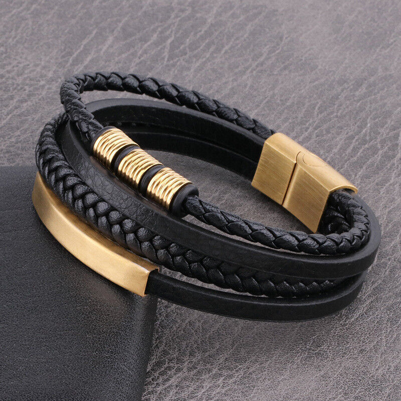 Men's Stainless Steel Leather Bracelet Multilayer Braided Cuff Magnetic Clasp