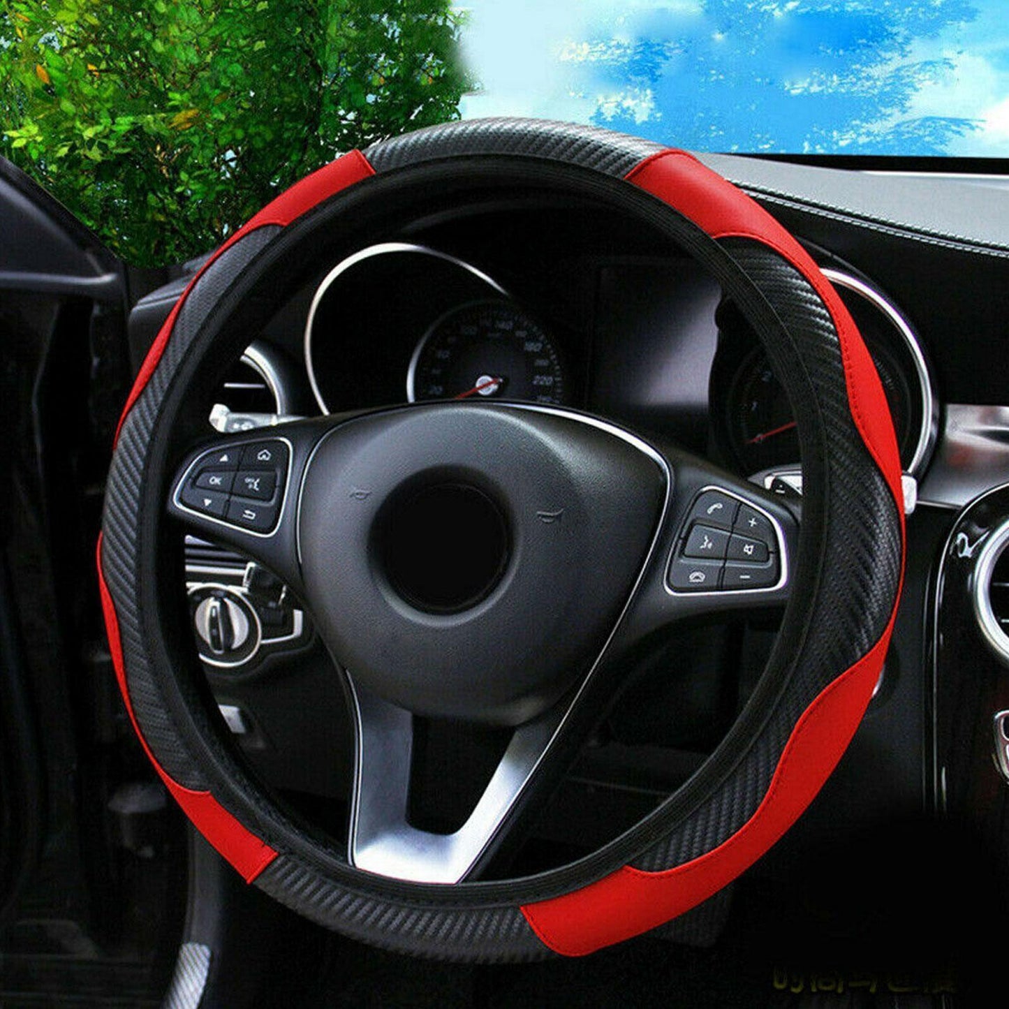 Red Car Microfiber Leather Steering Wheel Cover 38cm Universal Accessories