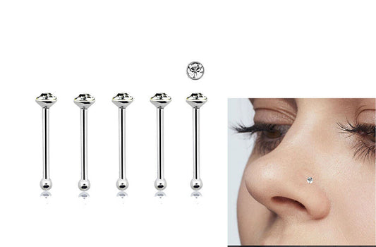 5 x Clear Gem Sterling Silver Nose Bones Studs 24g 1.8mm Gem #NBC