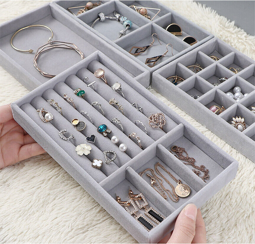 Velvet Earrings Rings Bracelet Tray Storage Box Jewelry Display Drawer Organizer