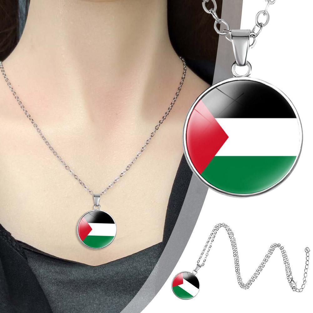 Silver Plated Palestine Flag Map Round Necklace Pendant