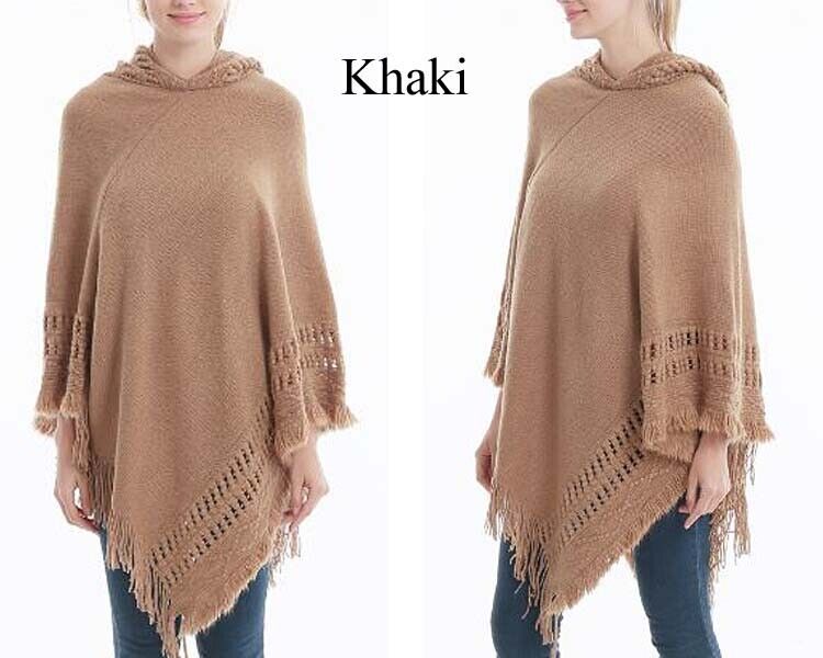 KNITTED PONCHO SWEATER HOOD CLOAK CAPE JUMPER HEM TOP COAT SHAWL SC038