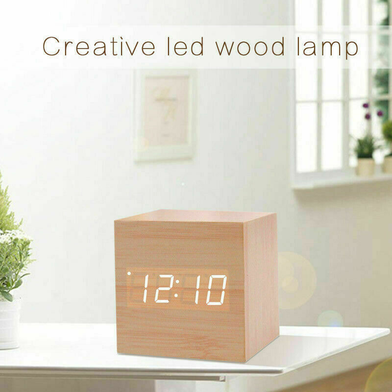 Wooden Digital Desk Table Clock LED Display Alarm Temperature Modern Home Decor