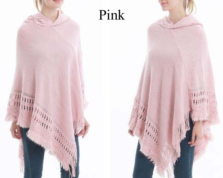 KNITTED PONCHO SWEATER HOOD CLOAK CAPE JUMPER HEM TOP COAT SHAWL SC038