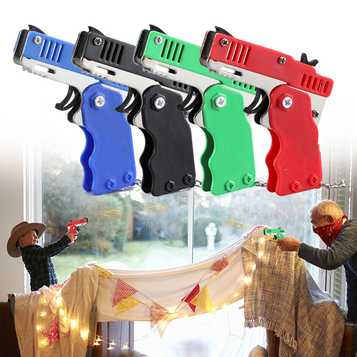 Mini Rubber Band Gun Foldable with Key Chain Elastic Safe for Kid Outdoor Party