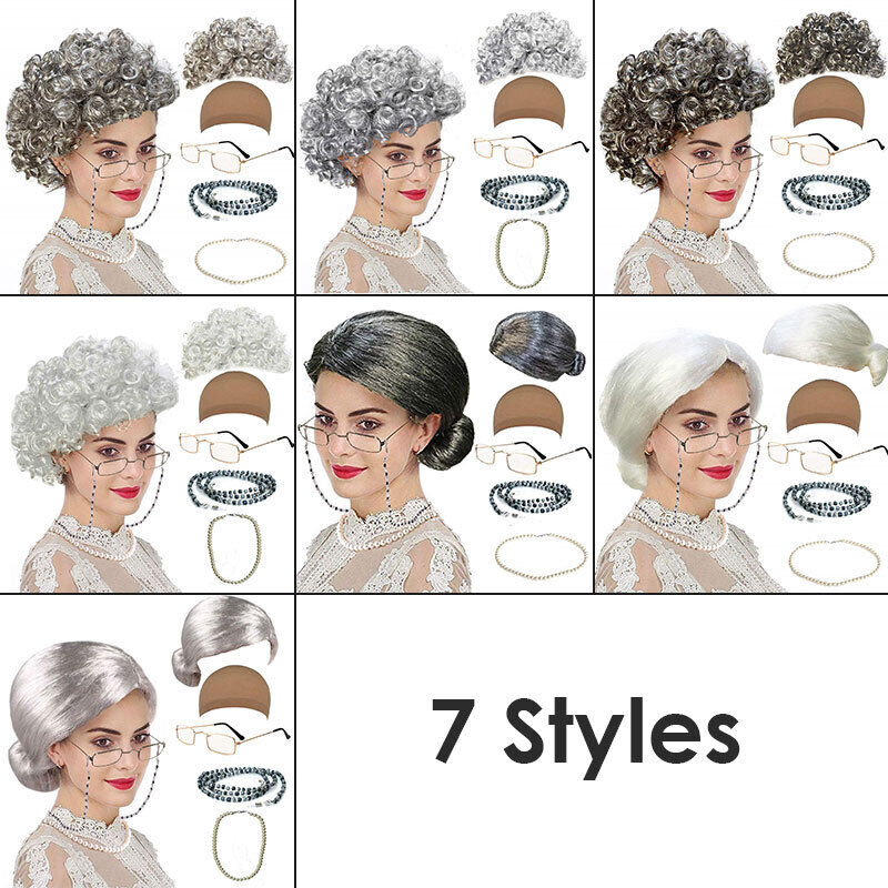 Old Lady Grandma Dress Up Set Granny Wig Party Kid Masquerade Cosplay Set 5Pcs