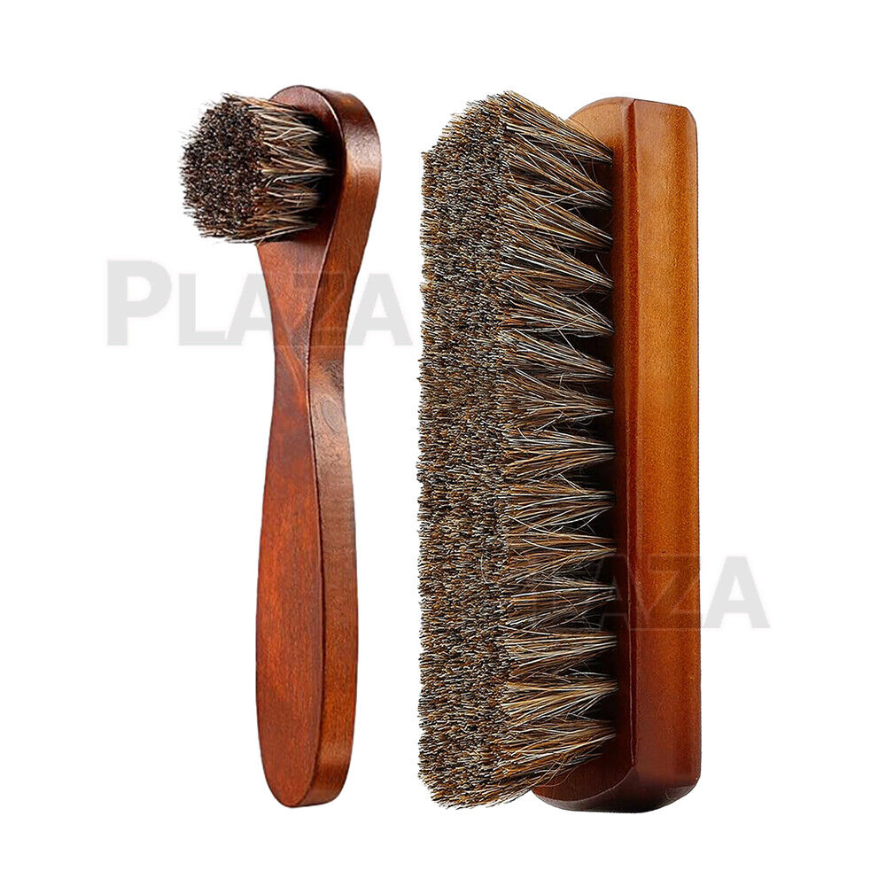 2X Horsehair Shoe Brush Wood Handle Leather Boots Daubers Applicators Cleaning