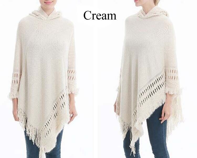 KNITTED PONCHO SWEATER HOOD CLOAK CAPE JUMPER HEM TOP COAT SHAWL SC038