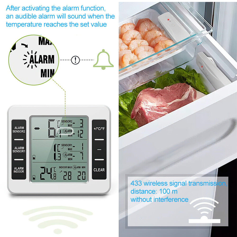 Wireless Digital Fridge Thermometer Freezer Alarm Gauge Monitor Sensors Outdoor