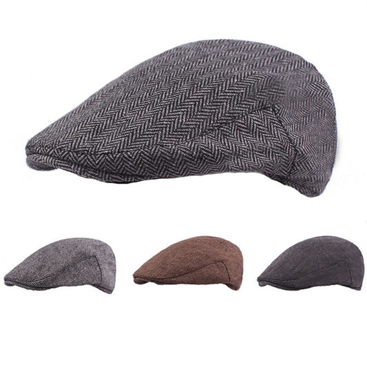 Men Vintage Tweed Newsboy Cap Herringbone Flat Cap Baker Beret Hat Peaky Blinder