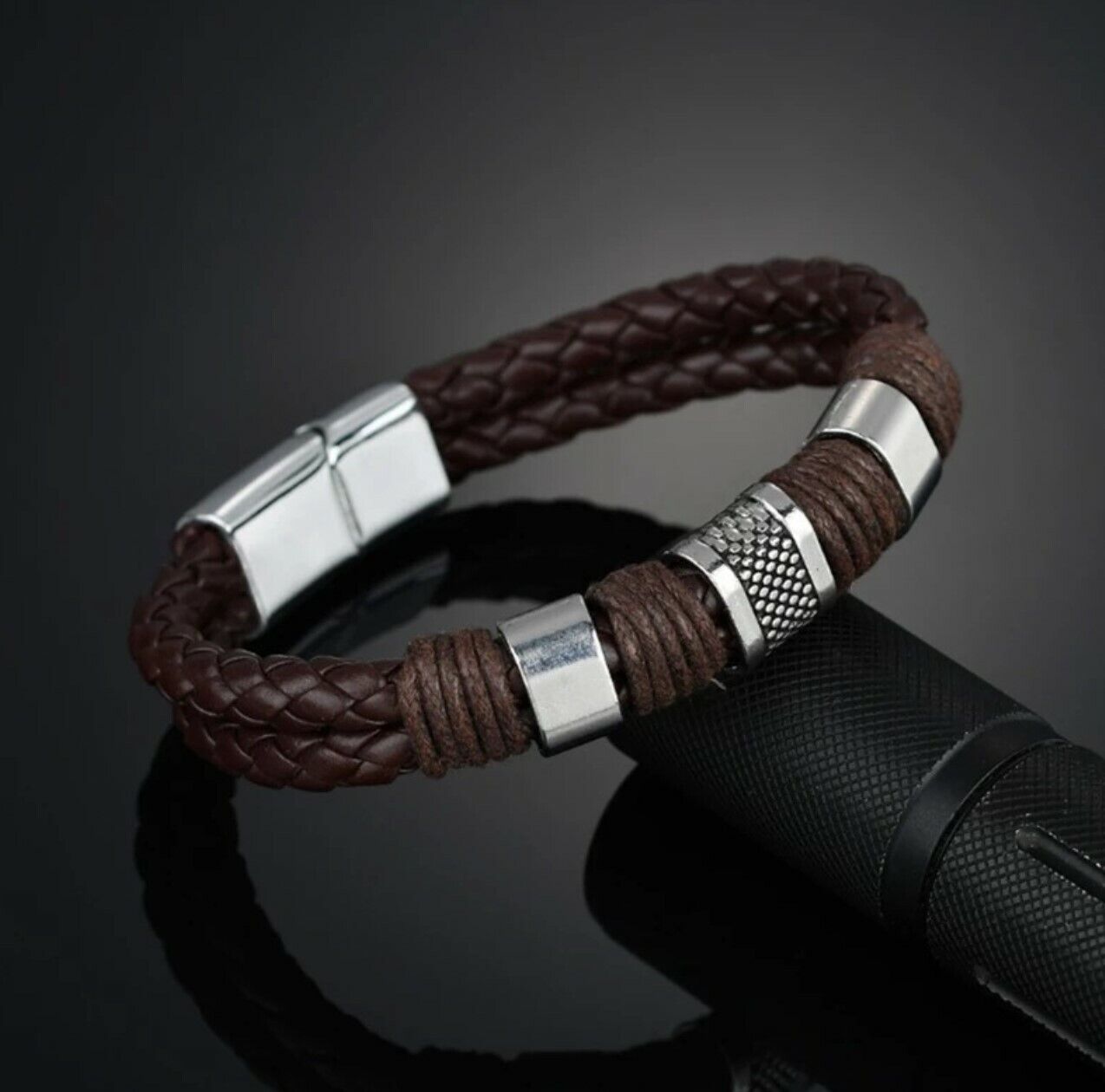 Men Alloy Magnetic Buckle Bracelet Bangle Cuff Vintage Wristband Rope