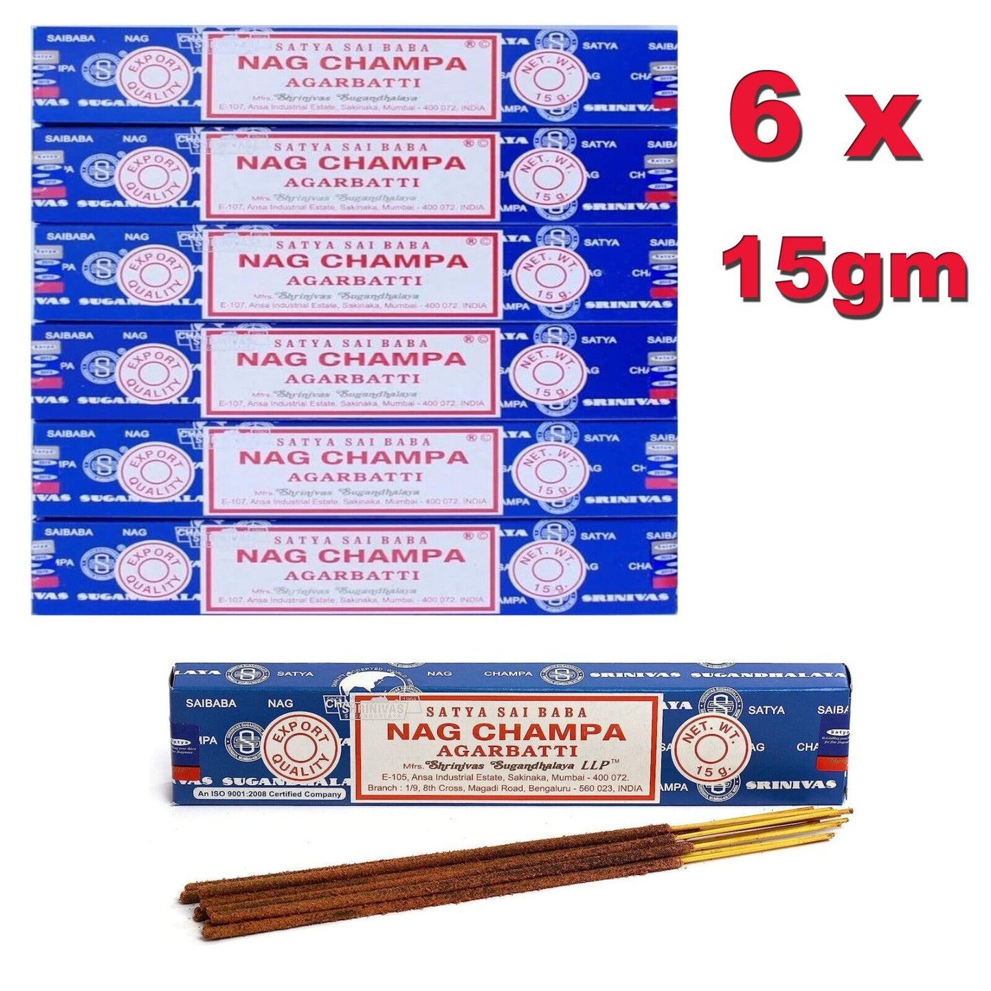 6 x 15g FRESH SATYA SAI BABA - NAG CHAMPA INCENSE STICKS BULK PACK