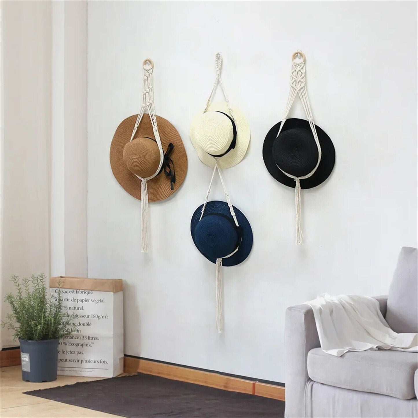 3x Boho Hand-Woven Macrame Hat Display Rack 1-3 Hat Rope hanger Hanging Cap Holder