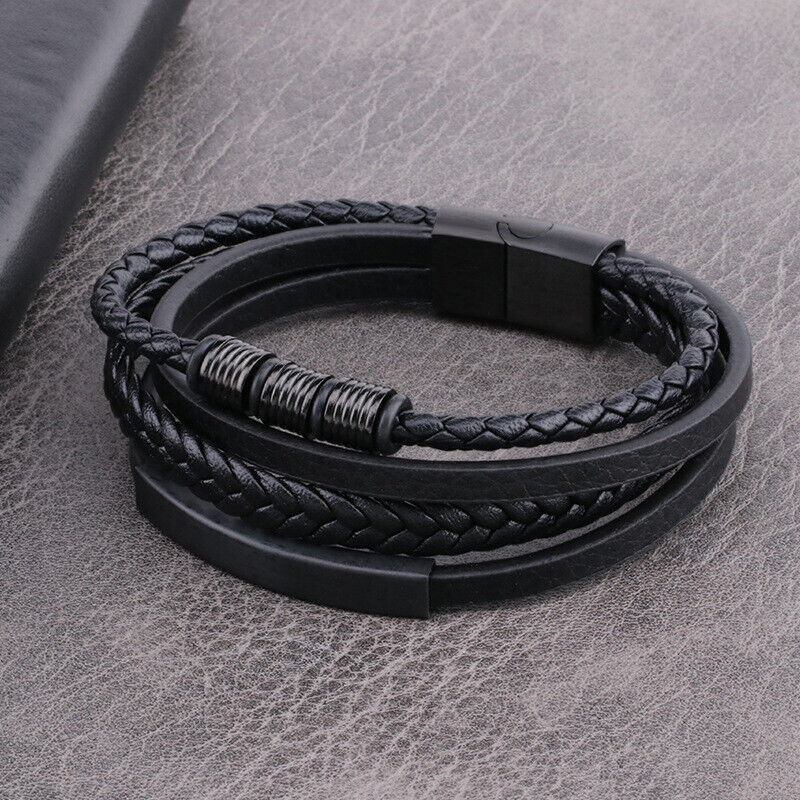 Men's Stainless Steel Leather Bracelet Multilayer Braided Cuff Magnetic Clasp