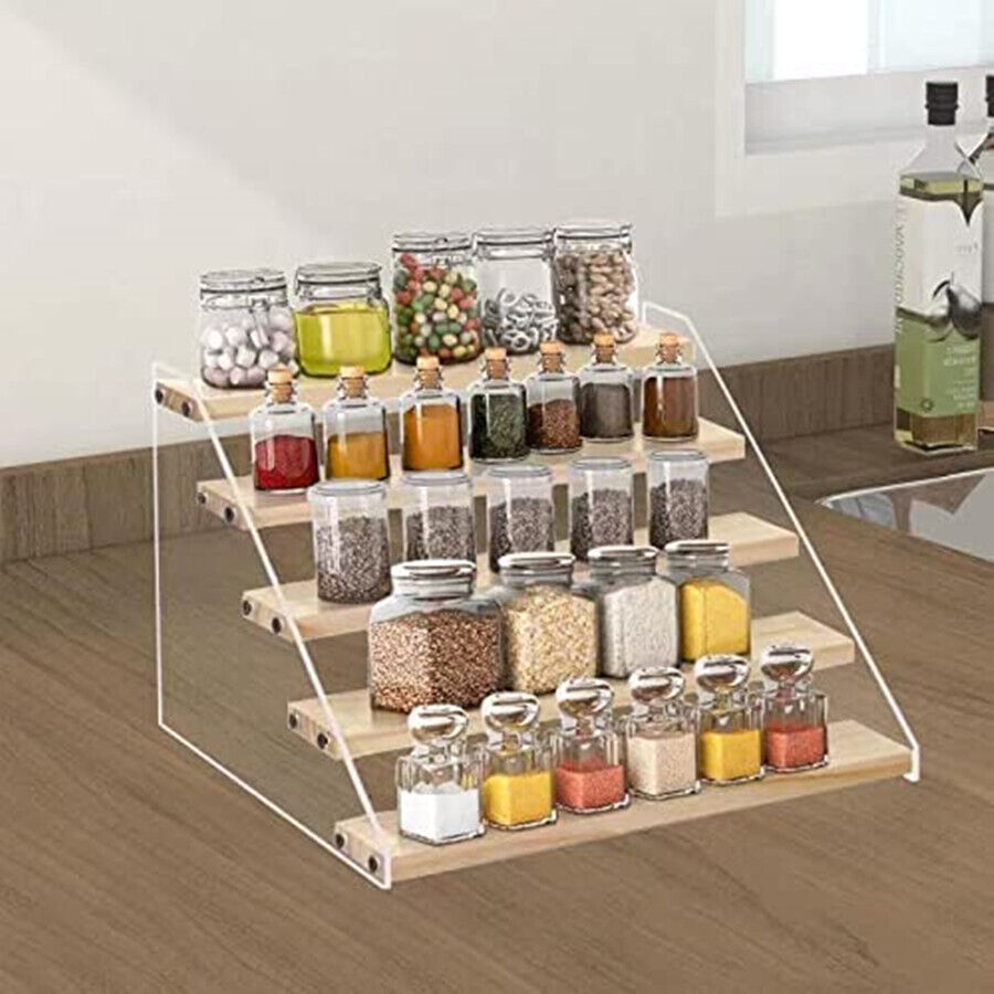 Wood Acrylic Display Stand Ladder Showcase Shelf Makeup Perfume Toy Rack Holder