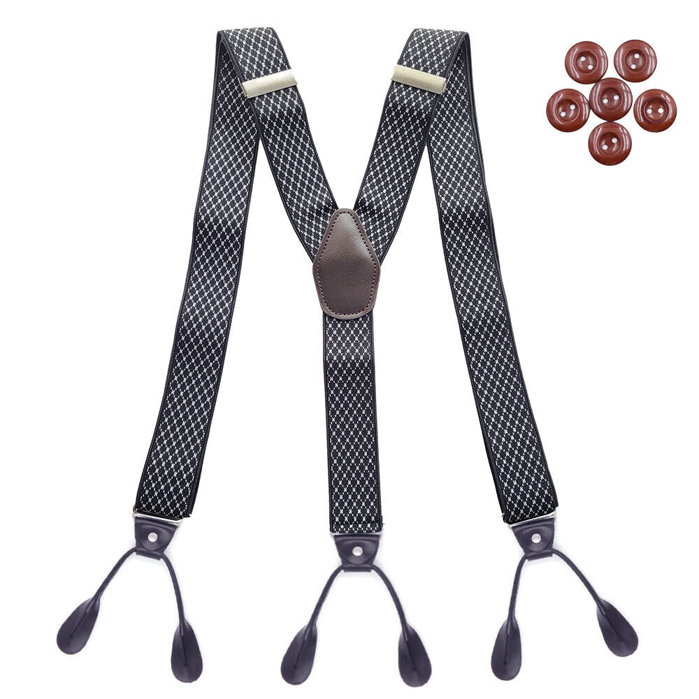 Men's 6 Button Hole Wide Elastic Suspenders Leather 35mm Trousers Braces Belt