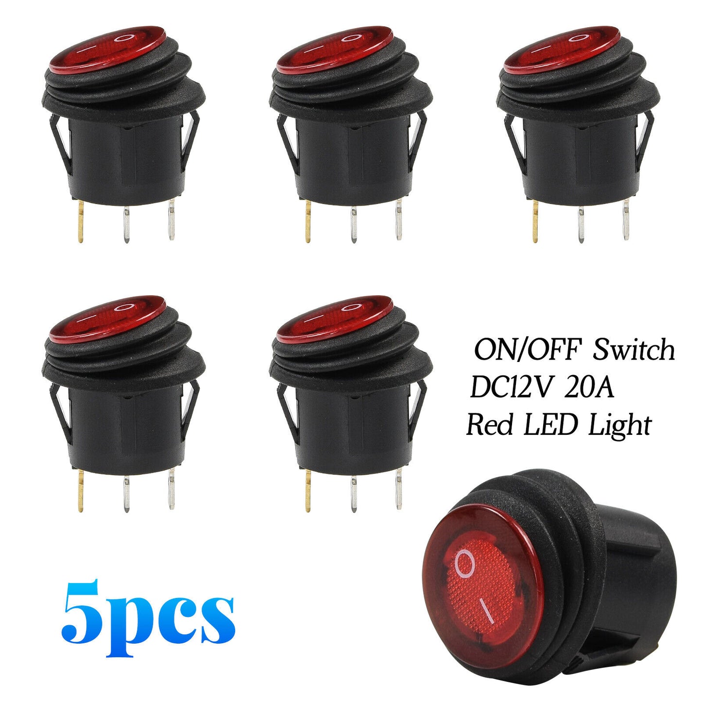 5X Car 12V Round Rocker Dot Boat Toggle Switch Red LED Light ON - OFF Waterproof