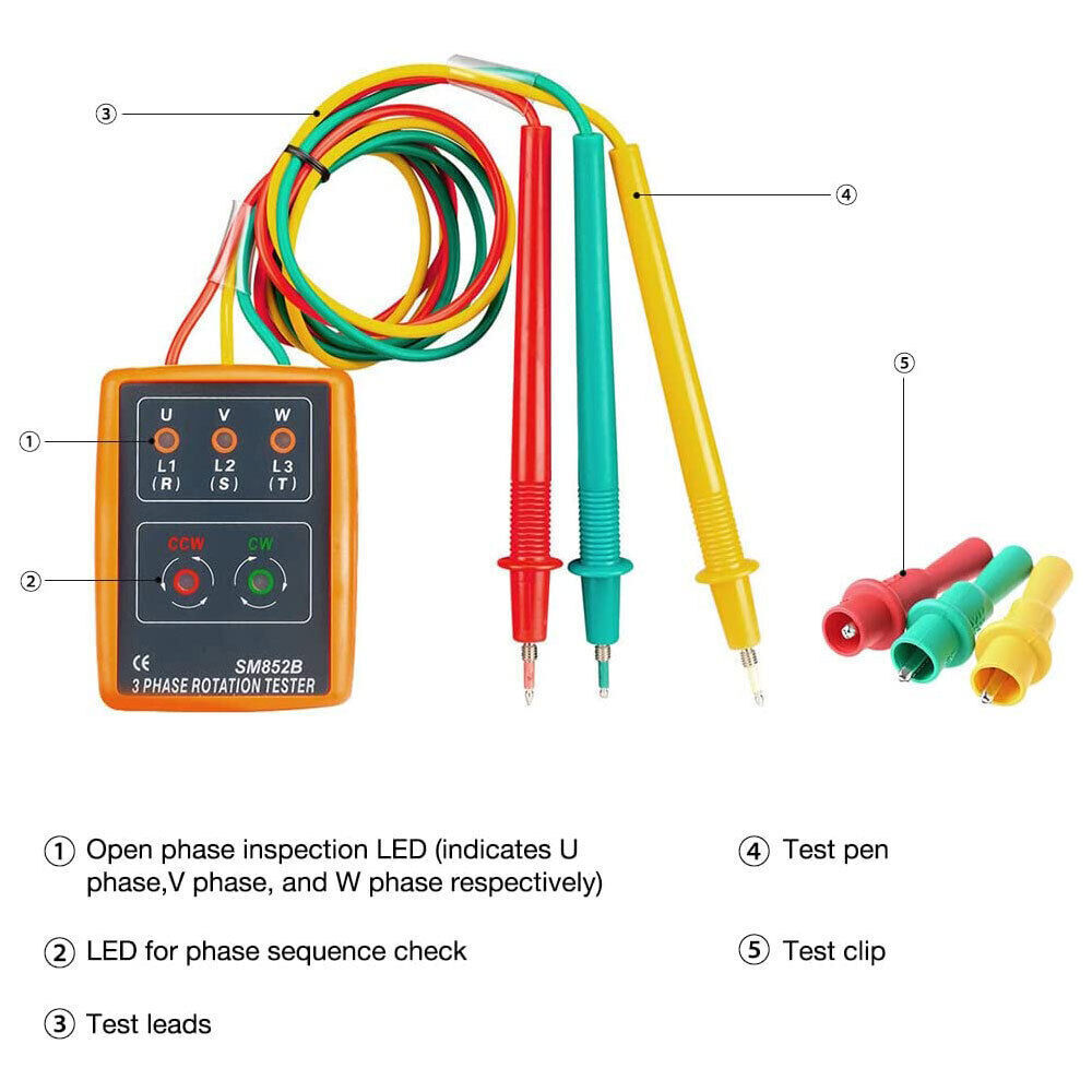 Phase Tester Detector 852B 60~600V 20Hz-400Hz AC Three-phase Sequence Indicator