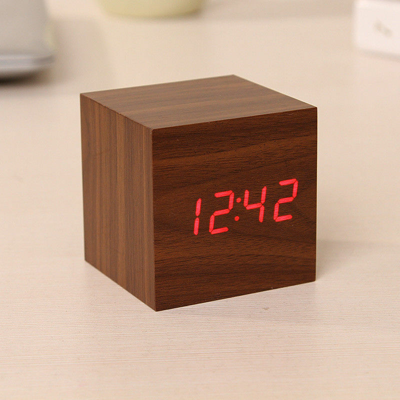 Wooden Digital Desk Table Clock LED Display Alarm Temperature Modern Home Decor