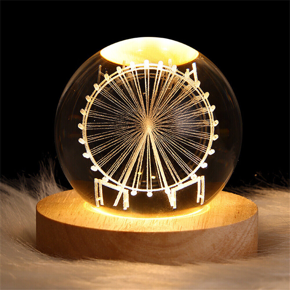 Luminous 3D Glowing Crystal Globe Ball Laser Engraved with Led Light Base Decor