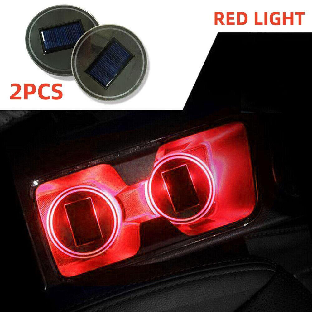 2x LED Solar Cup Pad Car Accessories Light Cover Interior Decoration Lights Red