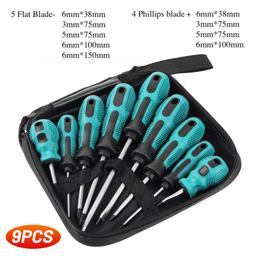 Screwdriver Set 9 Piece with storage bag CRV magnetic tips Phillips Flat blade