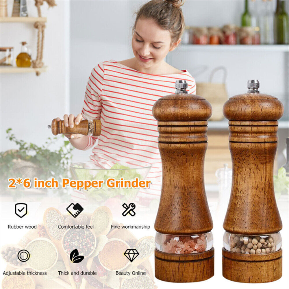 2x Adjustable Manual Pepper Grinder Wooden Salt Pepper Mill With Ceramic Grinder