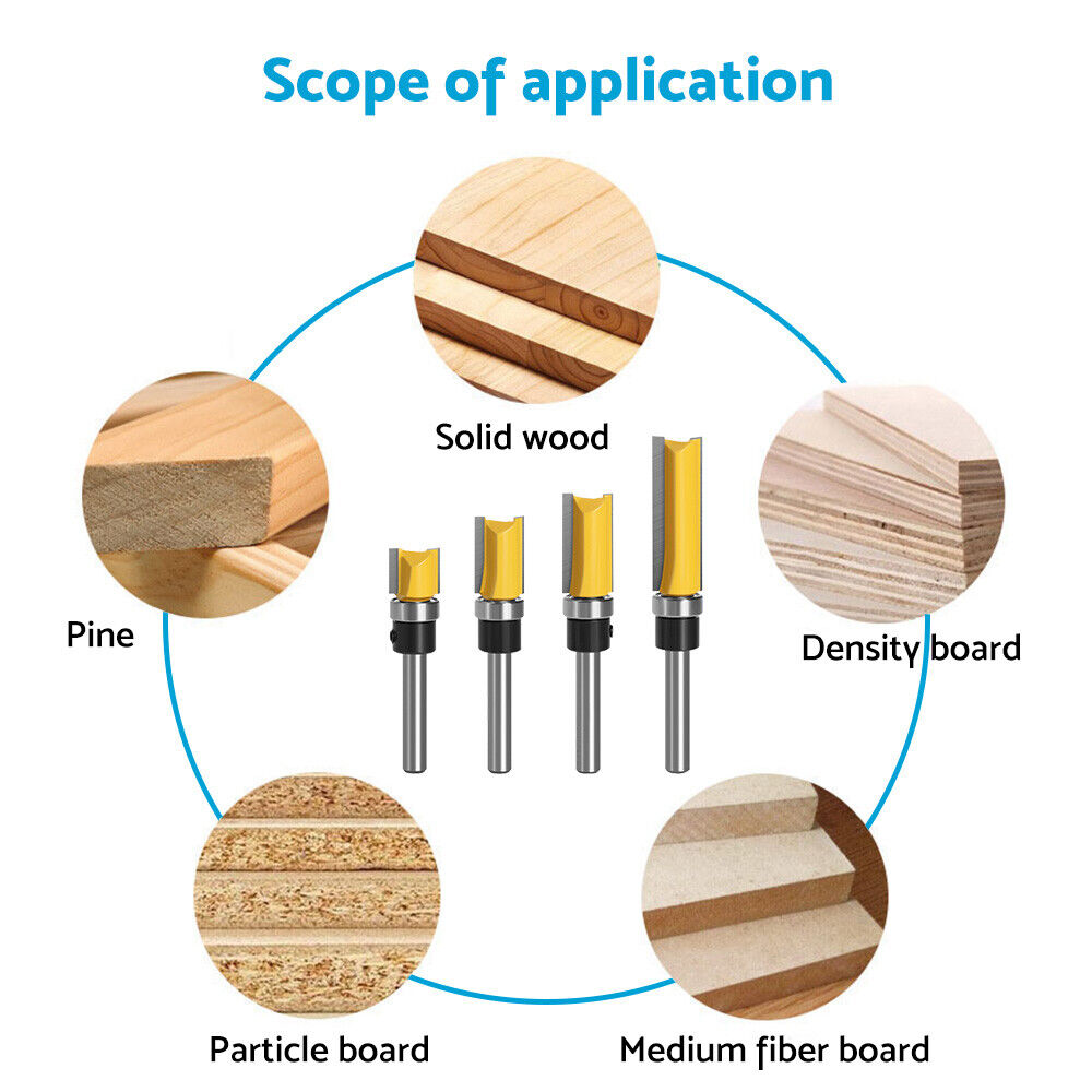 4pcs Milling Cutter Kit 1/4 Shank Top Bearing Flush Trim Pattern Router Bit Set