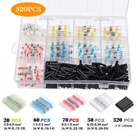 520PCS Waterproof Solder Seal Sleeve Heat Shrink Butt Wire Connectors Terminals