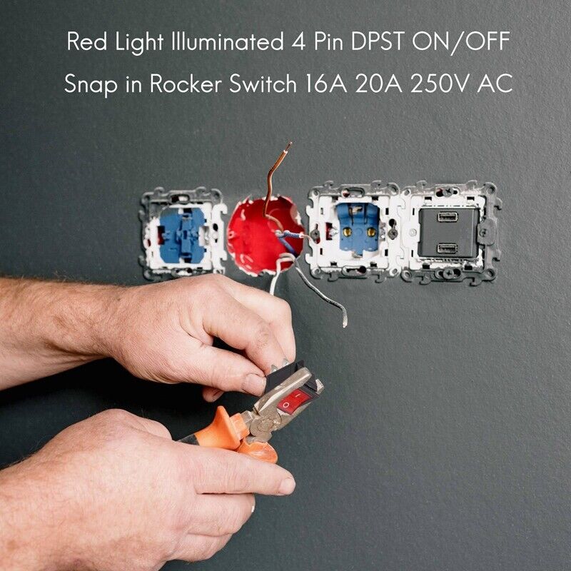 Red Light Illuminated 4 Pin DPST ON/OFF Snap in Rocker Switch 16A 20A 250V