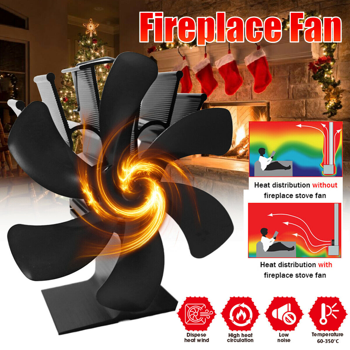 2x Fireplace Stove Fan Wood Heater Fan Thermal Self-Powered Ecofan Top Burner