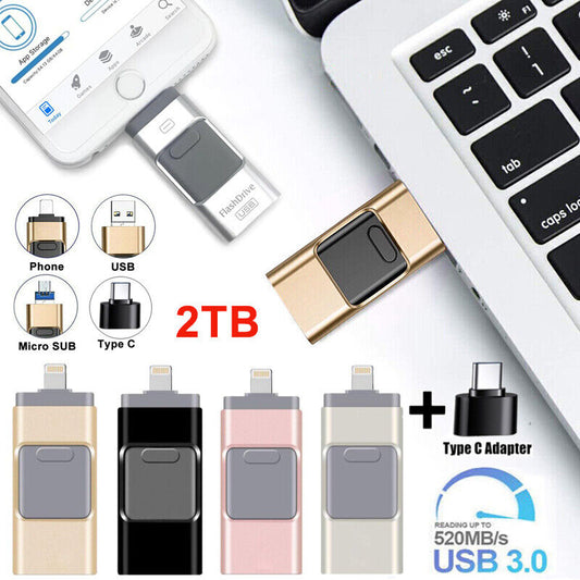 4 in 1 2TB USB 3.0 Flash Drive Memory Photo Stick for iPhone Android iPad Type C