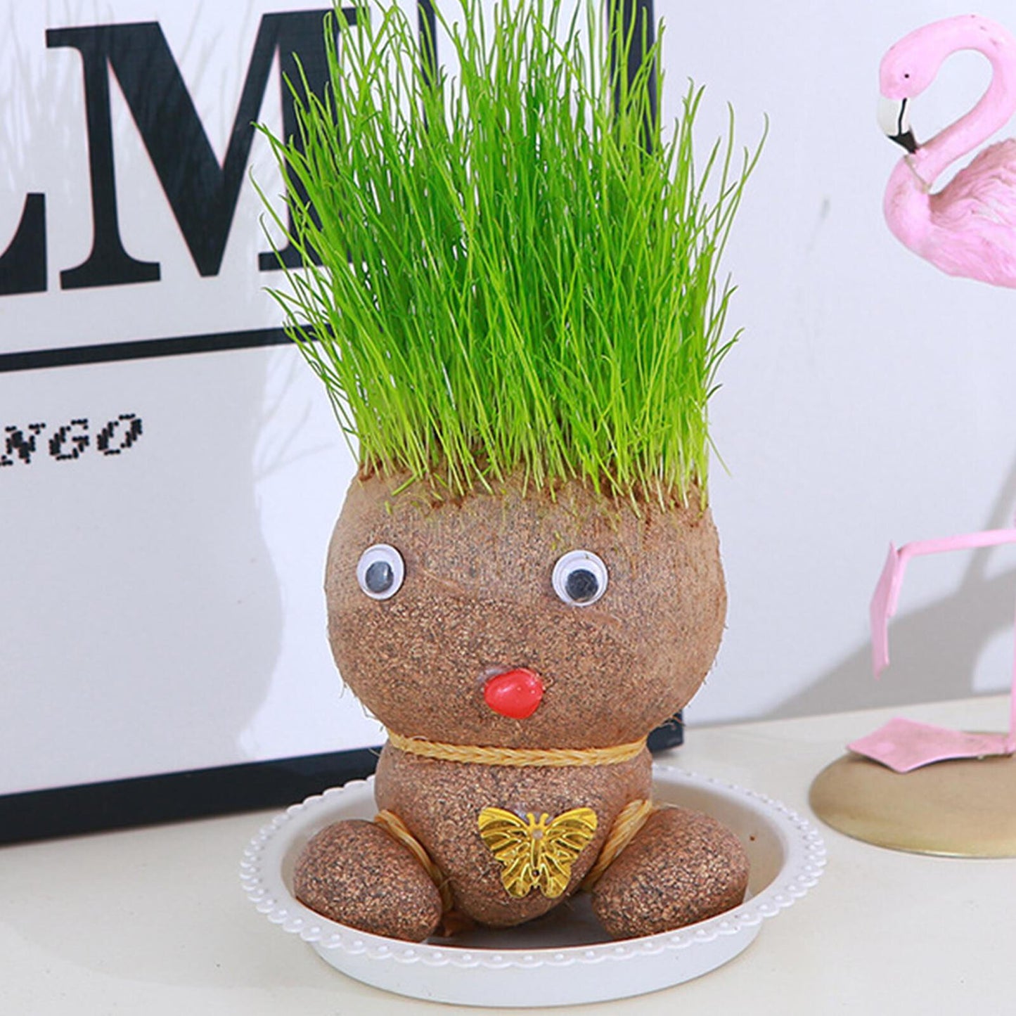 Grass Head Doll Plant Desktop Green Plants Mini Bonsai Pots With Tray Decoration