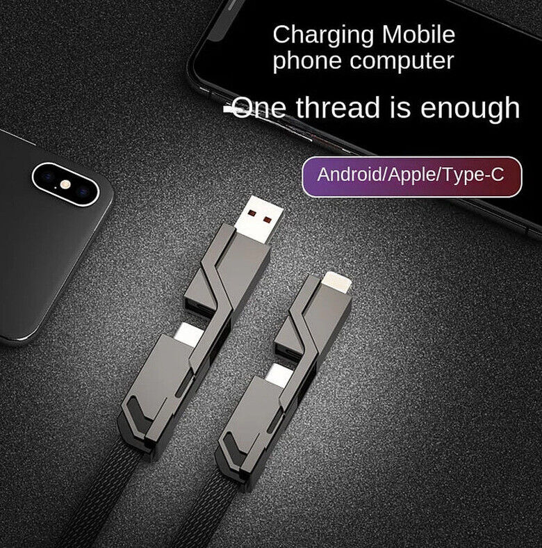 4-in-1 Flat Braided Anti-tangle Charger Cable For iPhone Huawei Type C USB Lead