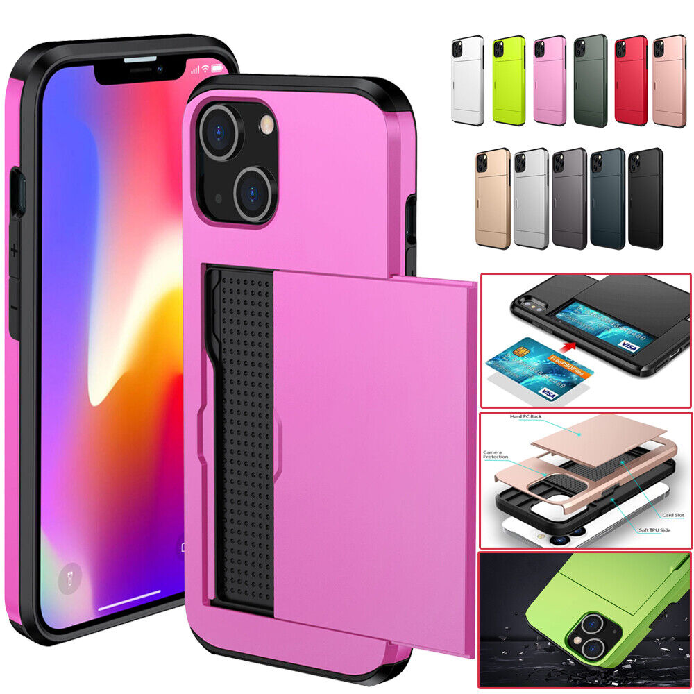 Shockproof Slide Card Slot Holder Case For iPhone 15 14 13 12 11 Pro 8 Plus XR X