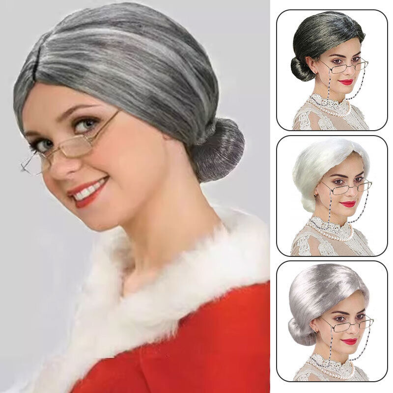 Old Lady Grandma Dress Up Set Granny Wig Party Kid Masquerade Cosplay Set 5Pcs