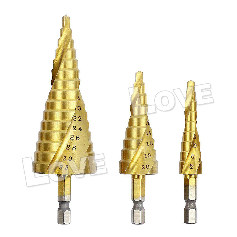 3PCS HSS Steel Step Cone Drill Titanium Metal Hole Cutter Bit Set 4-12/20/32mm3 件套高速钢阶梯锥钻钛金属孔刀钻头套装 4-12/20/32 毫米