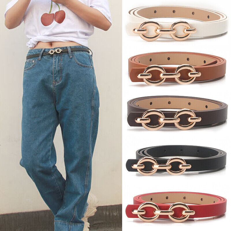 Leather Slim Jeans Belt Women Waist Belt Metal Buckle Skinny Narrow Waistband