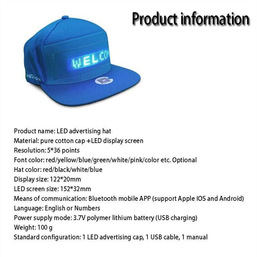 LED Cap Basaball Hat Snapback Bluetooth Adjustable Men Women Breathable USB App